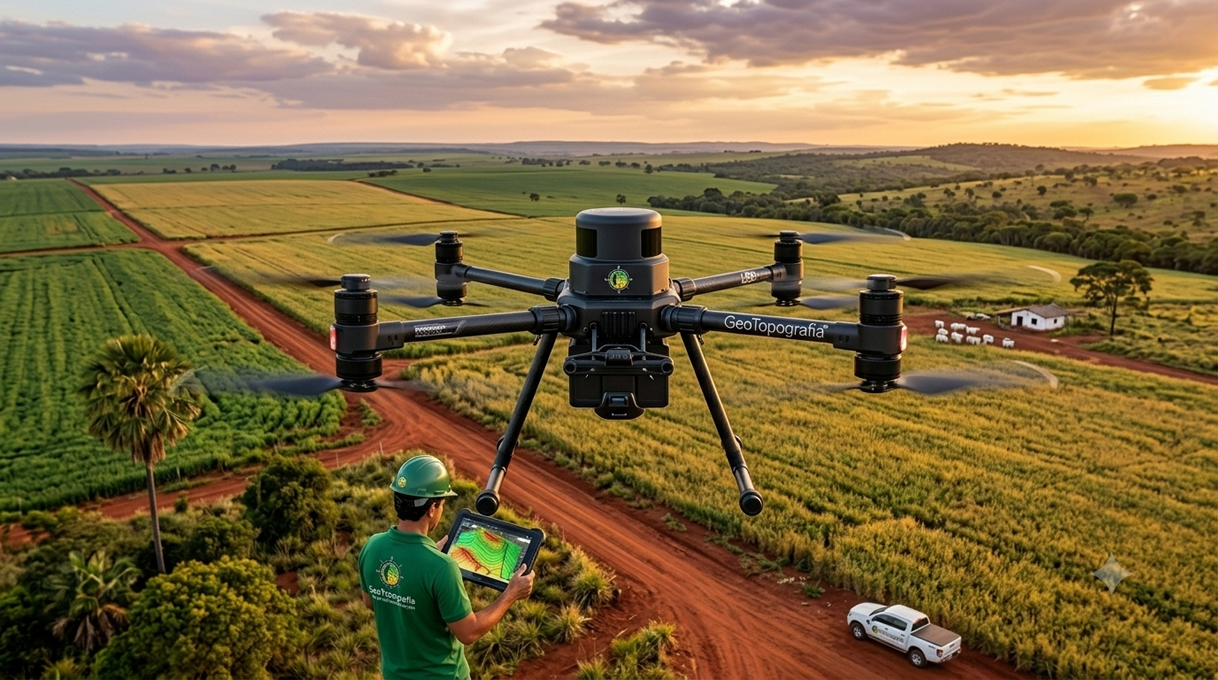 Drone profissional sobrevoando fazenda para mapeamento aéreo e ortomosaico