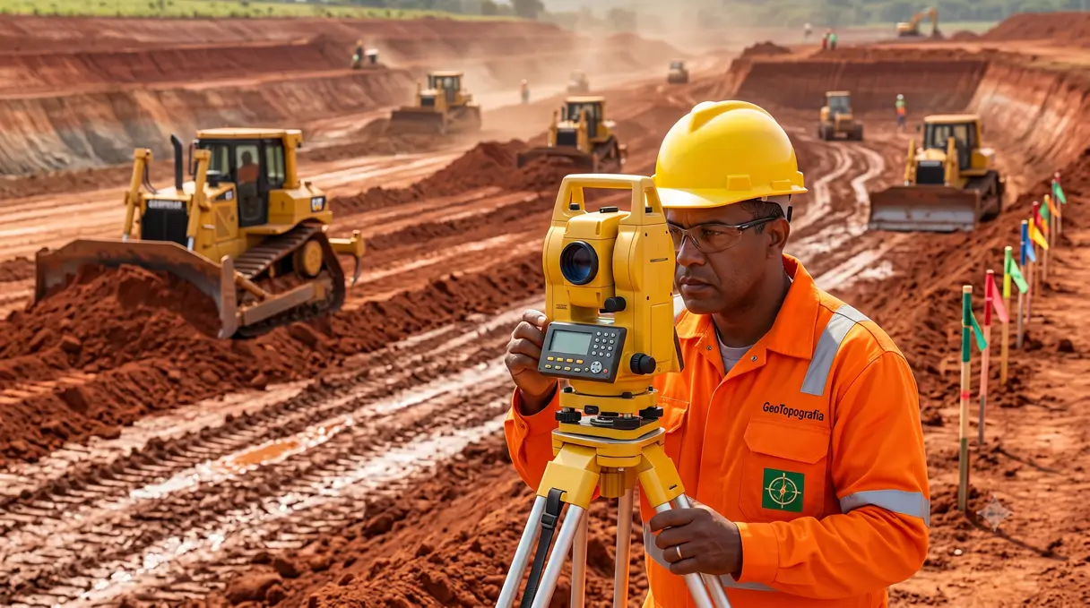 Topógrafo realizando levantamento topográfico com estação total em terreno em Gurupi, Tocantins