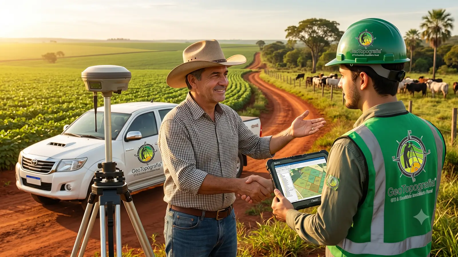 Receptor GNSS RTK CHCNAV i93 sobre tripé realizando georreferenciamento de imóvel rural no sul do Tocantins