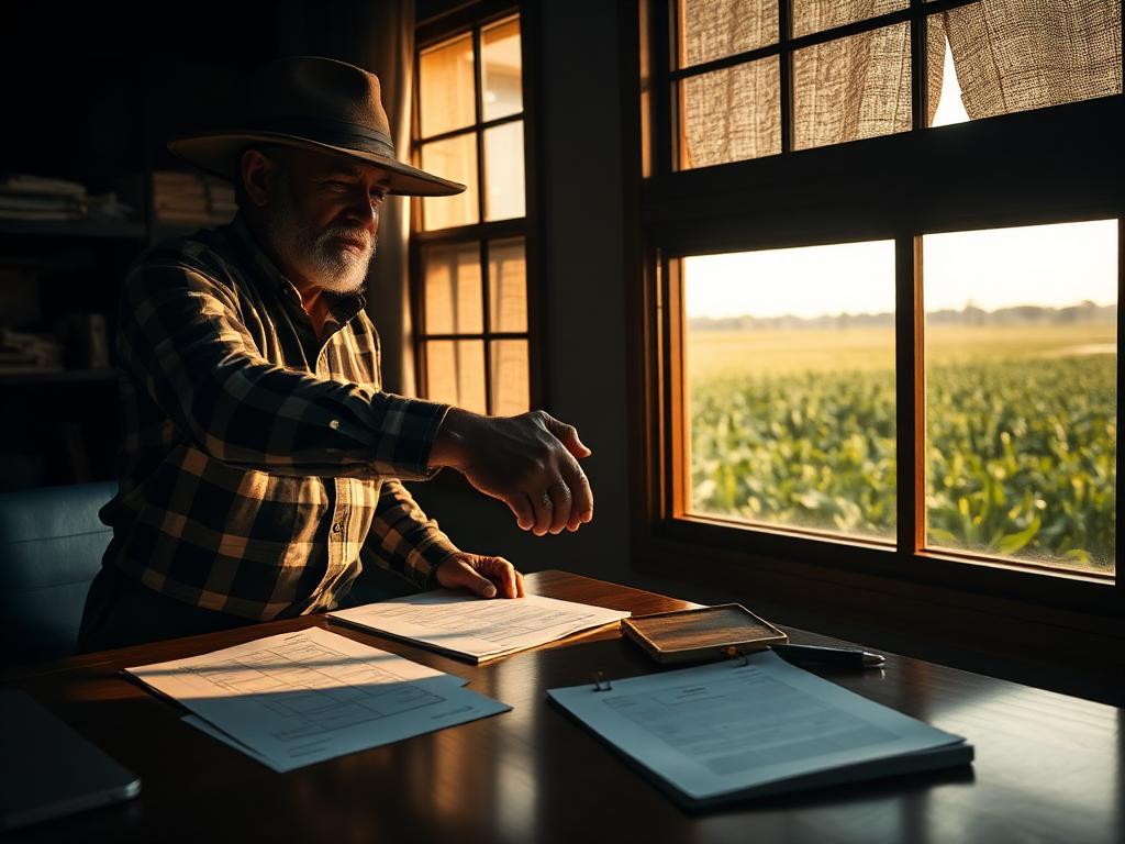 Produtor rural analisando documentos de crédito rural com lavoura ao fundo