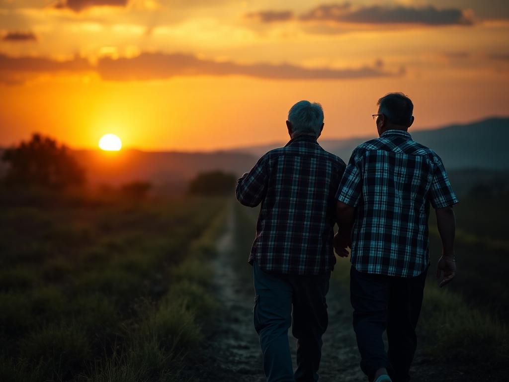 Família rural caminhando pela propriedade ao pôr do sol, simbolizando legado