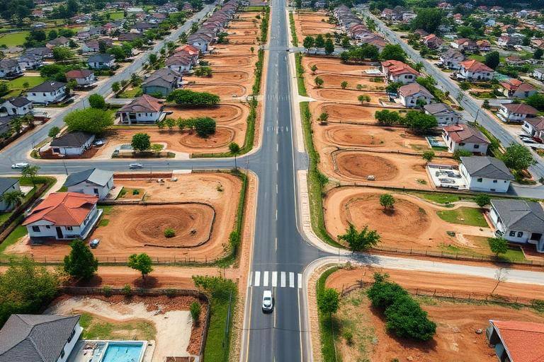 Vista aérea de loteamento urbano implantado com ruas e quadras demarcadas