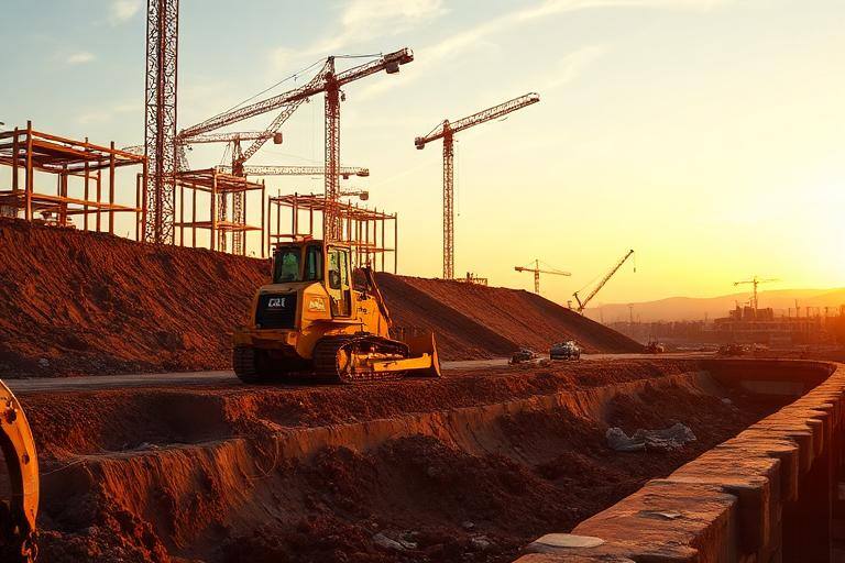Trator realizando terraplanagem em obra com marcação topográfica