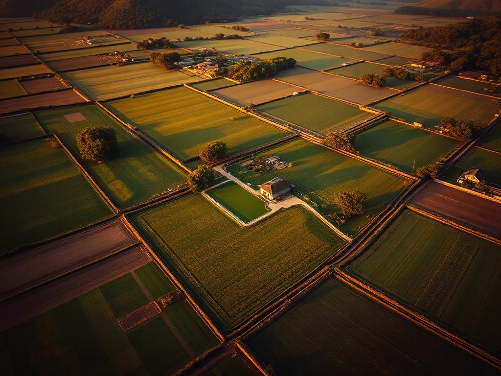 Vista aérea de propriedade rural com limites bem definidos e demarcados